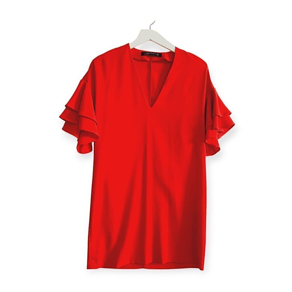 ZARA Red Shift Dress with Ruffle Sleeves Size XS